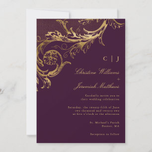 Invitation Vintage Purple Gold Floral Mariage damassé