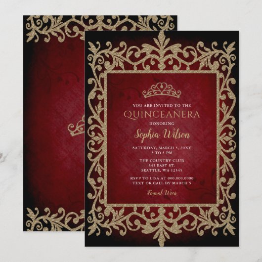 Invitation Vintage Red Gold Princess Tiara Quinceañera (Devant / Derrière)