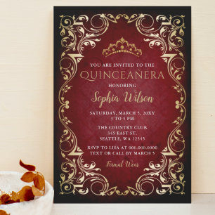 Invitation Vintage Red Gold Princess Tiara Quinceañera