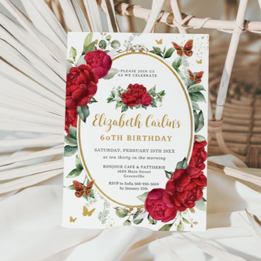 Invitation Vintage Red Peonies Floral Papillons Anniversaire