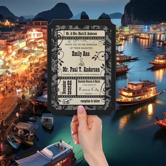 Invitation Vintage Retro Broadway Rustic Movie Ticket Mariage