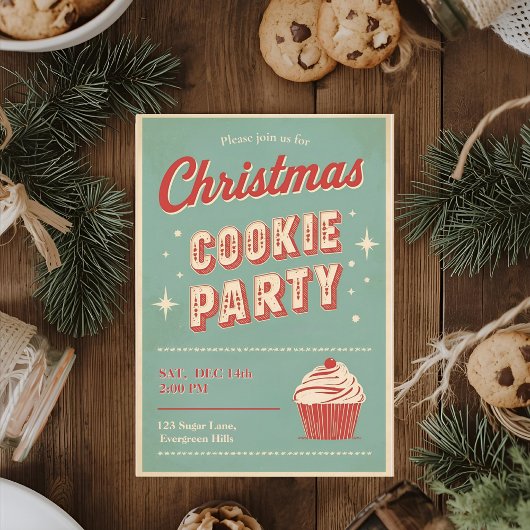 Invitation Vintage Retro Christmas Cookie Party 