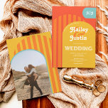 Invitation Vintage rétro les années 70 arche en terre cuite p<br><div class="desc">Vintage rétro les années 70 arche en terre cuite orange brûlée mariage photo avec coloré orange,  jaune,  rétro super arc rayé bleu,  et formes géométriques. Ajoutez vos initiales,  monogramme et photo. Toutes les couleurs sont entièrement modifiables pour correspondre à votre palette de couleurs mariages. Polices audacieuses modernes et rétro.</div>