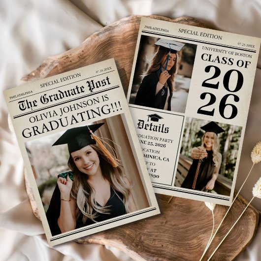 Invitation Vintage Retro Newspaper 3 Photos Graduation