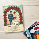 Invitation Vintage Retro Romantic Couple Comic Floral Mariage<br><div class="desc">Cette élégante faire-part de mariage de style bande dessinée est parfaite pour un mariage moderne. Le design rétro présente une illustration vintage de mariée et de mariée et une calligraphie noire sur un vieil arrière - plan en papier.</div>