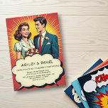 Invitation Vintage Retro Romantic Couple Comic Style Mariage<br><div class="desc">Cette élégante faire-part de mariage de style bande dessinée est parfaite pour un mariage moderne. Le design rétro présente une illustration vintage de mariée et de mariée et une calligraphie noire sur un vieil arrière - plan en papier.</div>