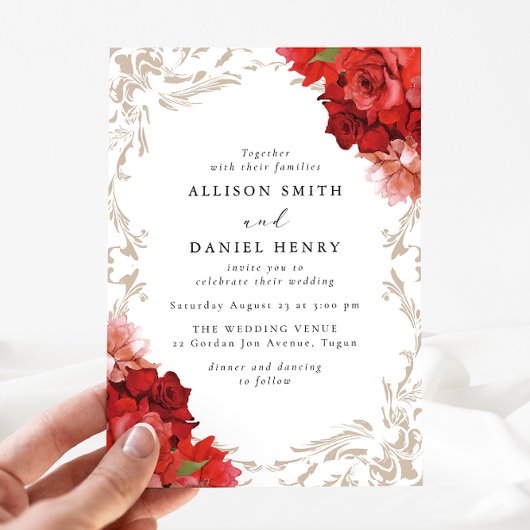 Invitation Vintage Romantic Red Floral Elegant Wedding