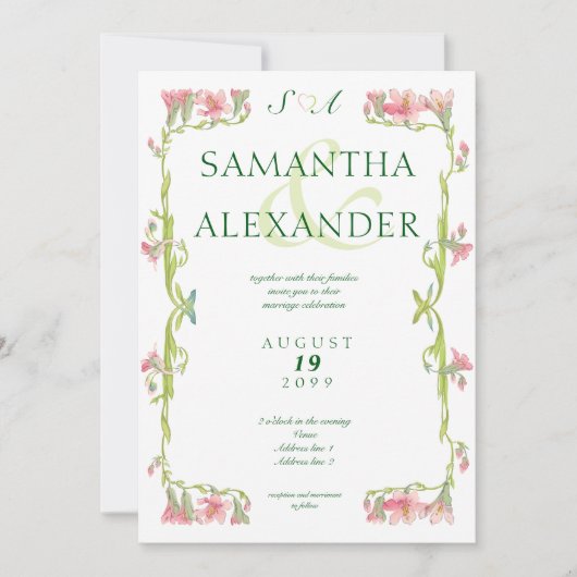 Invitation Vintage Romantique Cadre Floral Monogramme Mariage (Devant)