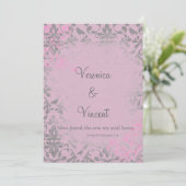 Invitation Vintage romantique rose et gris Mariage damassé (Debout devant)