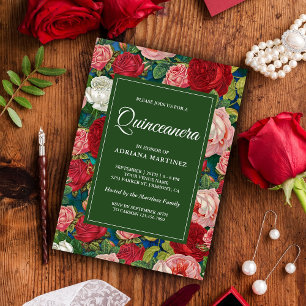 Invitation Vintage Romantique Roses Rouges Florales Quinceane