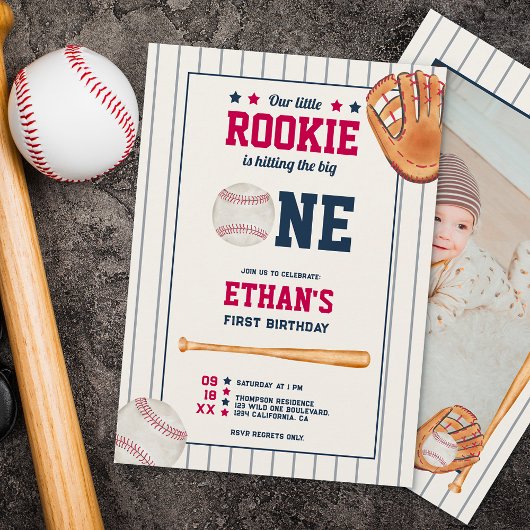 Invitation Vintage rookie baseball rouge bleu 1er anniversair