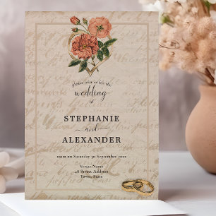 Invitation Vintage Rose de coeur Floral Anneaux QR Code Maria