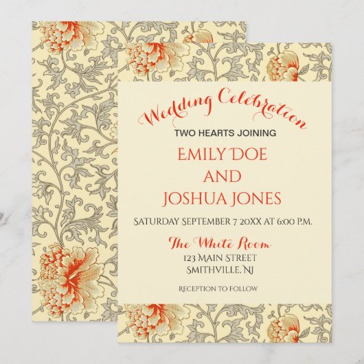 Invitation Vintage rose gris botanique (Devant / Derrière)