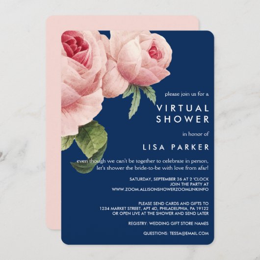 Invitation Vintage rose noir Rose bleu douche virtuelle (Devant / Derrière)
