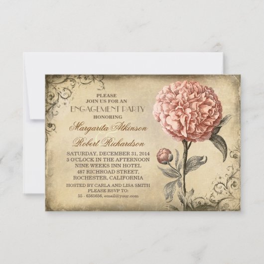 Invitation vintage rose poony partie d'engagement rustique (Devant)