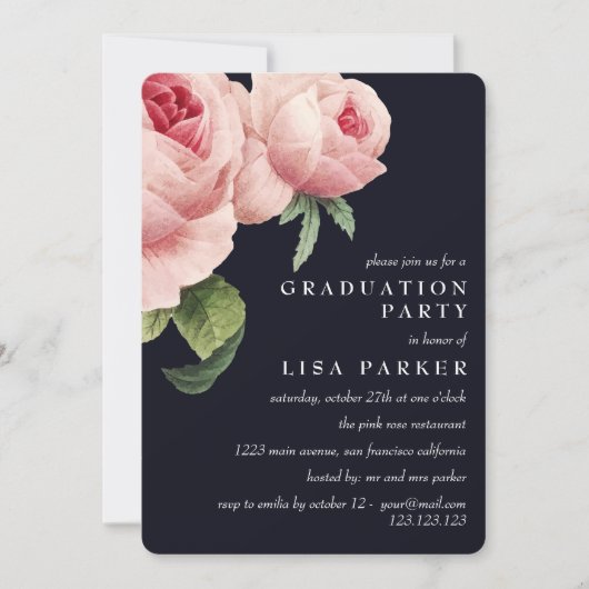 Invitation Vintage Rose Rose Blue Graduation (Devant)