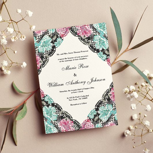 Invitation Vintage rose turquoise aquarelle dentelle fleurie 