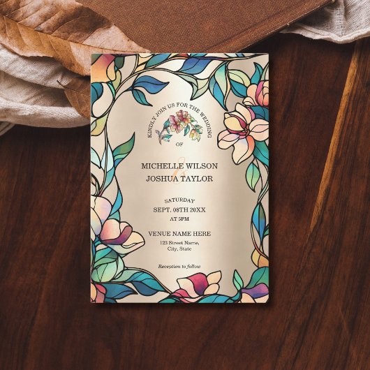 Invitation Vintage rose Turquoise Vitrail Art Nouveau