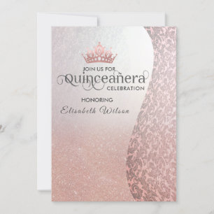 Invitation Vintage rosegold luxe damask tiara Quinceañera