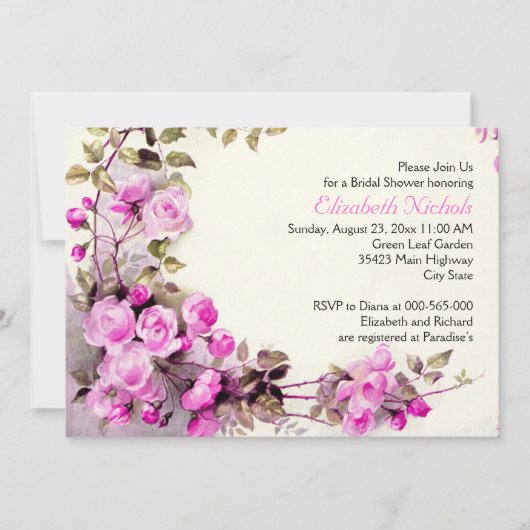 Invitation Vintage roses roses roses mariages douche nuptiale (Devant)