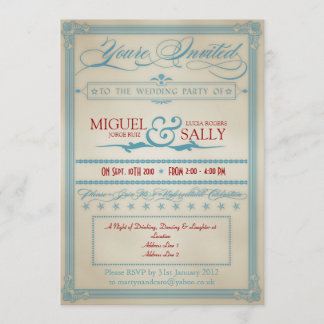 Invitation Vintage Rouge Blanc & Bleu Mariage en soirée uniqu