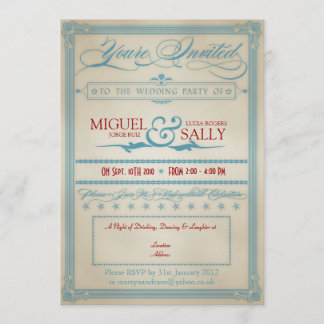 Invitation Vintage Rouge Blanc & Bleu Mariage en soirée uniqu