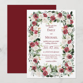 Invitation Vintage Rouge Bourgogne Blanc Roses Cadre Invitati (Devant / Derrière)