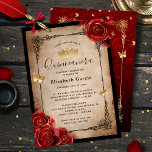 Invitation Vintage Rouge Rose Noir Or Élégant Quinceanera<br><div class="desc">Elégante invitation à la quinceanera vintage que vous pouvez facilement avoir personnalisé pour un 15ème anniversaire, une douce célébration de 16, ou même un mariage. Changez simplement le type de calligraphie de script pour correspondre à votre célébration, et ajoutez vos propres détails. Le design botanique rustique dépeint des roses rouges...</div>