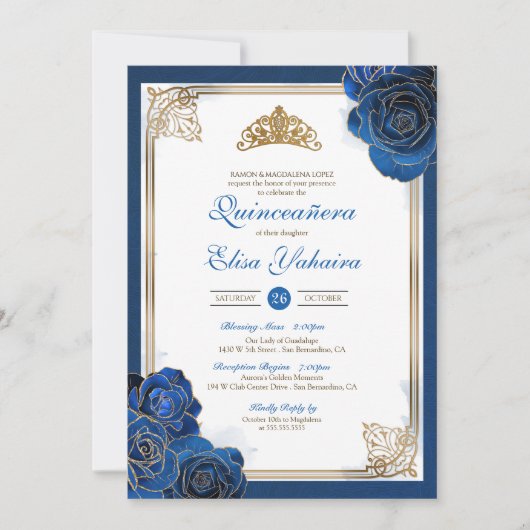Invitation Vintage Royal Blue Gold Roses Royal Quinceanera (Devant)