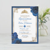 Invitation Vintage Royal Blue Gold Roses Royal Quinceanera (Debout devant)