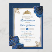 Invitation Vintage Royal Blue Gold Roses Royal Quinceanera (Devant / Derrière)