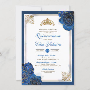 Invitation Vintage Royal Blue Gold Roses Royal Quinceanera