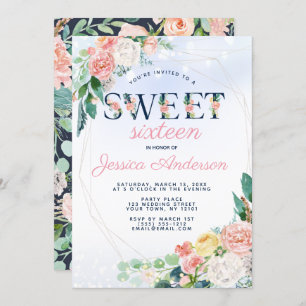 Invitation Vintage Royal Blue Pink Floral Sweet 16 Anniversai