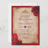 Invitation Vintage Ruby Red & Gold Roses Royal Quinceanera (Devant)