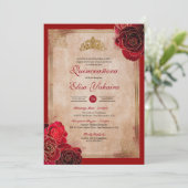 Invitation Vintage Ruby Red & Gold Roses Royal Quinceanera (Debout devant)