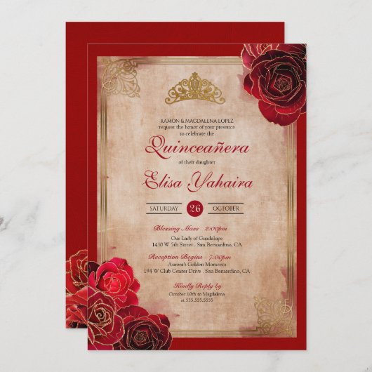 Invitation Vintage Ruby Red & Gold Roses Royal Quinceanera (Devant / Derrière)