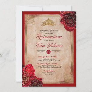 Invitation Vintage Ruby Red & Gold Roses Royal Quinceanera