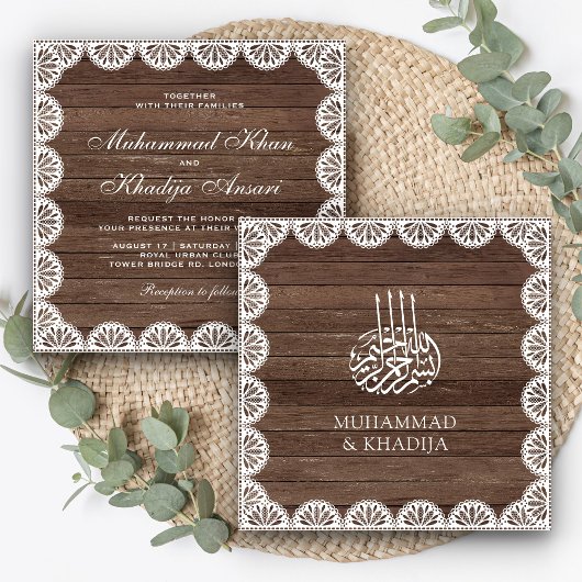 Invitation Vintage Russe Bois blanc dentelle Mariage islamiqu