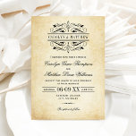 Invitation Vintage Rustic Black Flourish Mariage<br><div class="desc">Des tourbillons et des fleurs noirs décoratifs encadrent cette élégante faire-part de mariage de typographie vintage. L'arrière - plan d'ivoire rustique est imprimé avec une texture de papier parchemin vieilli. Personnalisez le monogramme et le texte personnalisés pour votre cérémonie de mariage et votre réception.</div>