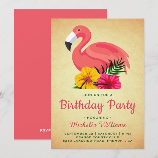 Invitation Vintage Rustic Floral Flamant rose fête d'annivers (Devant / Derrière)