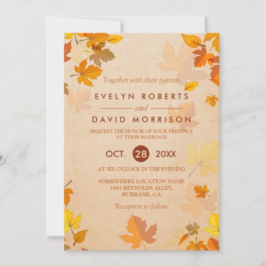 Invitation Vintage Rustic Gold Automne quitte Mariage officie (Devant)
