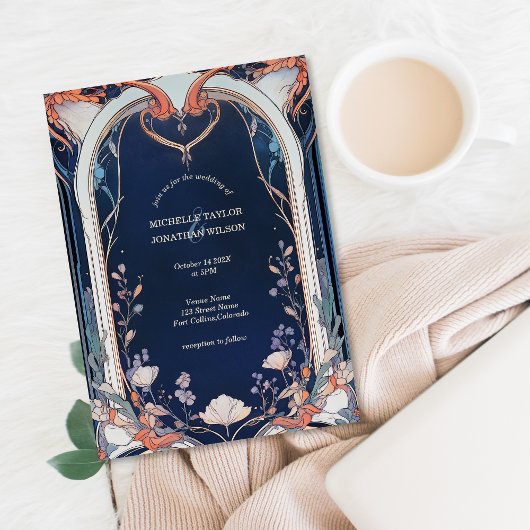 Invitation Vintage Rustic Navy Floral Art Nouveau