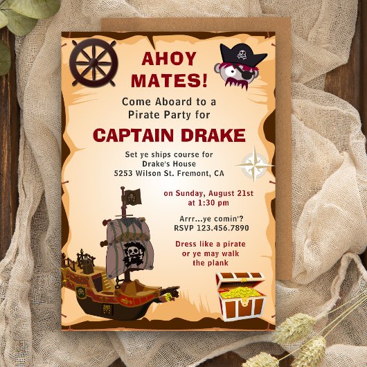 Invitation Vintage Rustic Pirate thème Anniversaire Invitatio