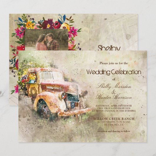 Invitation Vintage Rustic Vieux Camion Mariage photo tendance (Devant / Derrière)