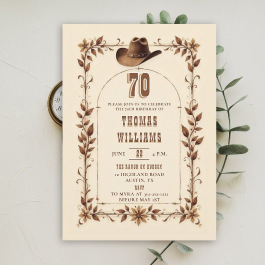 Invitation Vintage Rustic Western Arch Cowboy 70th Birthday