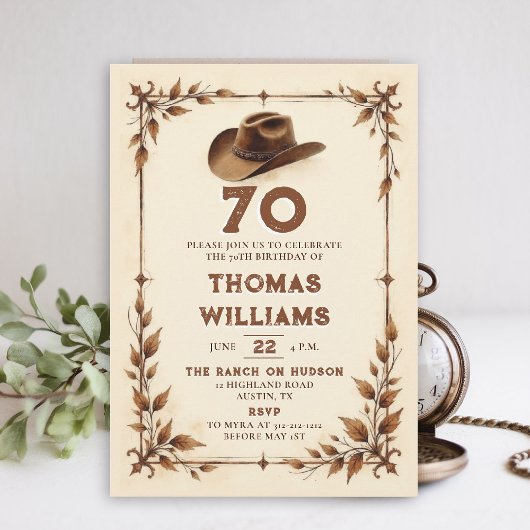 Invitation Vintage Rustic Western Leaf Cowboy 70th Birthday 