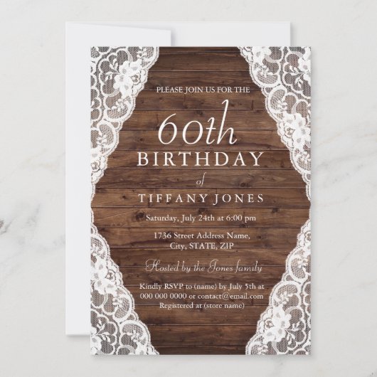 Invitation Vintage Rustic Wood dentelle 60e anniversaire Invi (Devant)