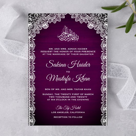 Invitation Vintage Rustique Dentelle Prune Violet Mariage Isl