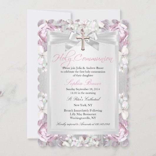 Invitation Vintage Rustique première communion rose (Devant)