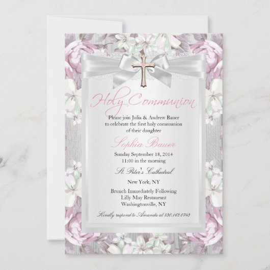 Invitation Vintage Rustique première communion rose (Devant)